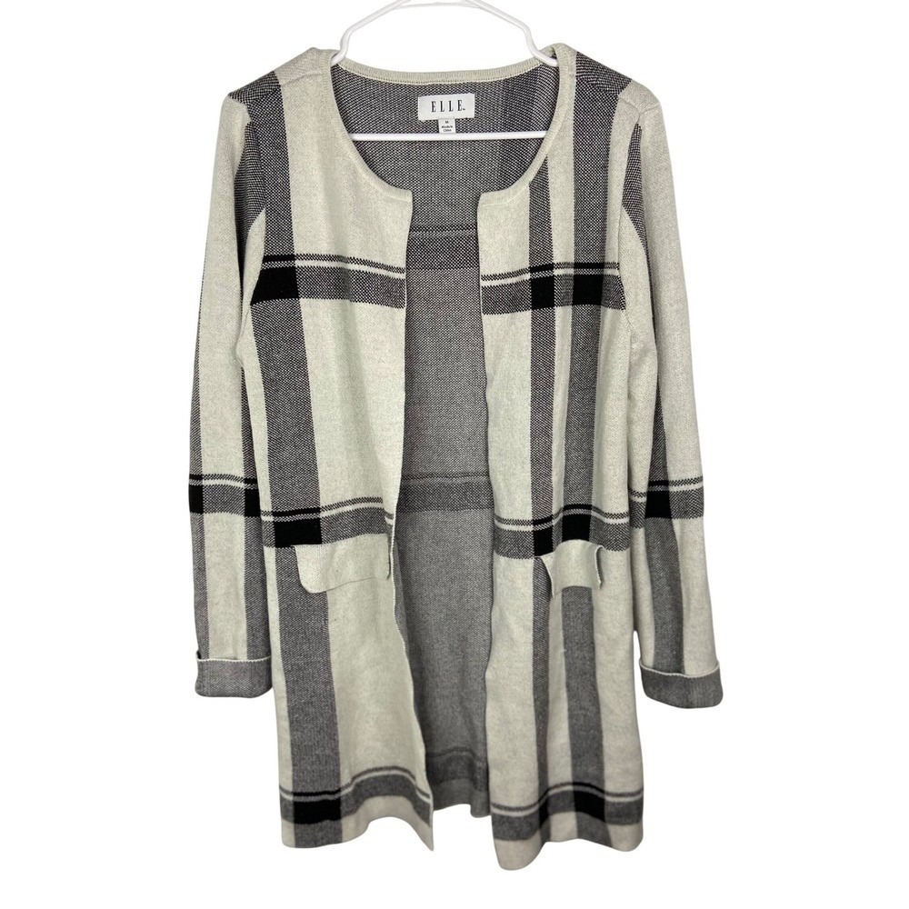 Elle Womens Plaid Open Front Cardigan Sweater Cream Black Grey Metallic Size M